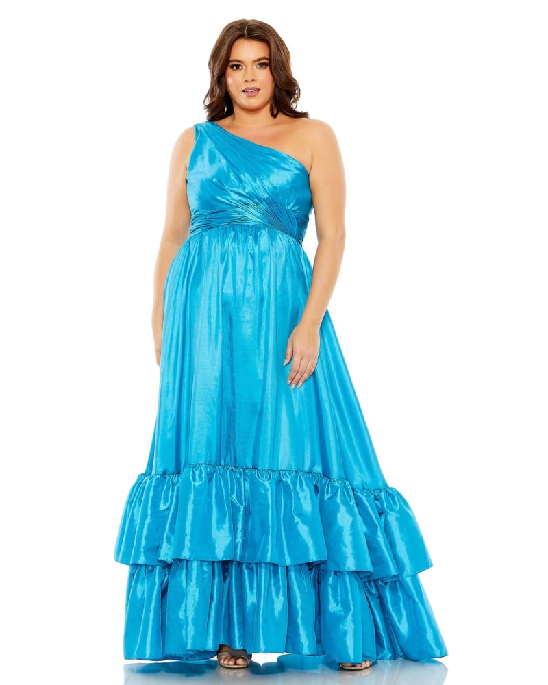 Front of a model wearing a size 14W One Shoulder Asymmetrical Ruffle Hem Gown in Turquoise by Mac Duggal. | dia_product_style_image_id:289885